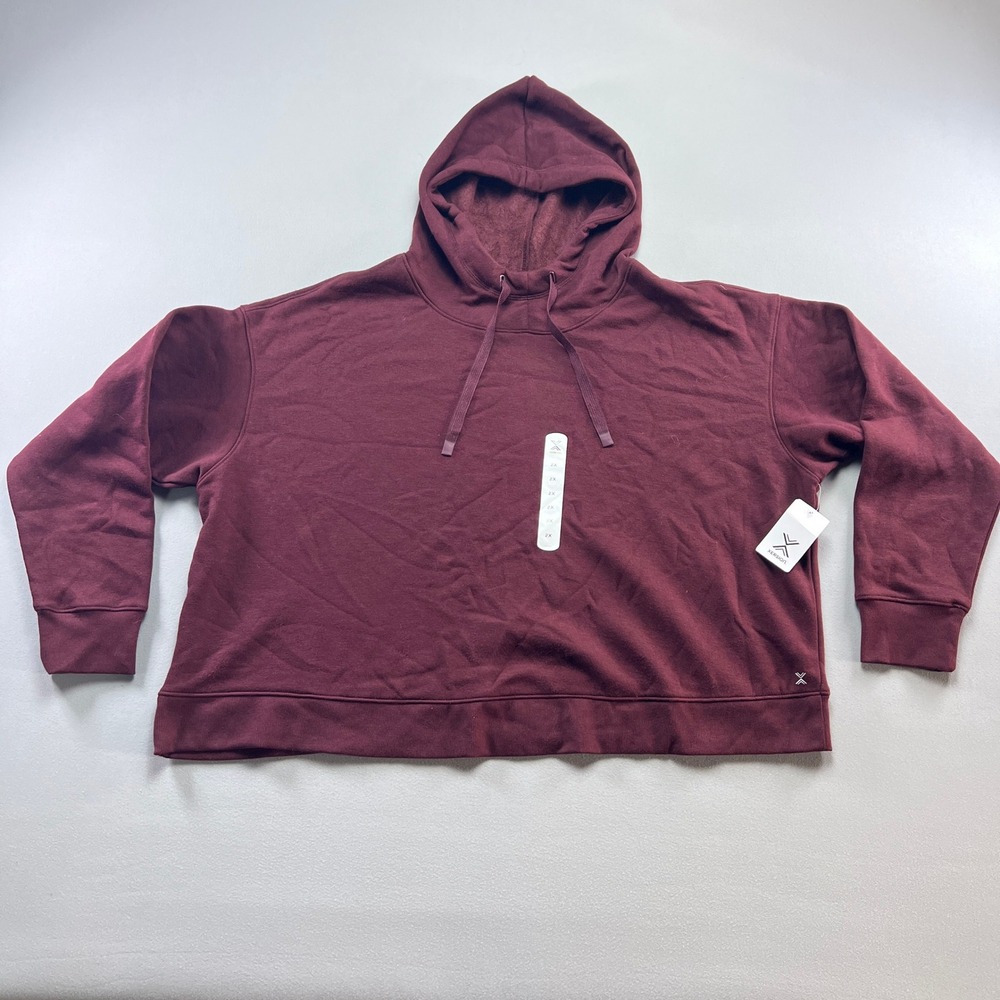 Xersion Cropped Hoodie Womens 2X Port Wine Cotton Fleece Lined Ribbed Oversized